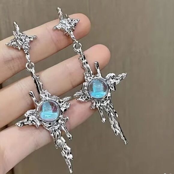 ⭐️SilverTone Cross Melting Moonstone Post back Earrrings. - Picture 1 of 16